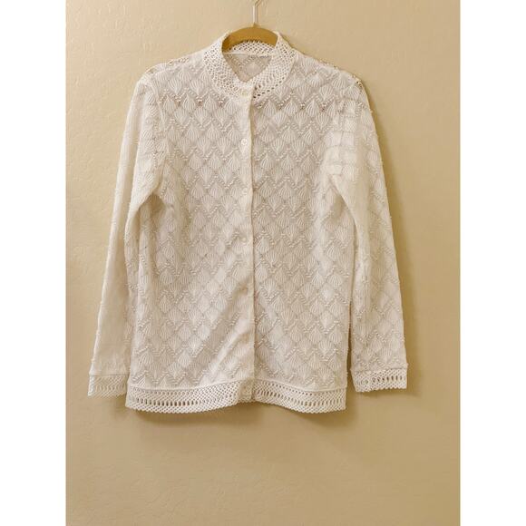 Vintage White Crochet Button Front Long Sleeve Cardigan Sweater Size Large - Picture 4 of 14